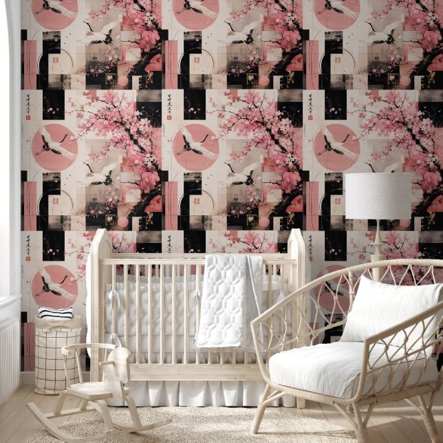 Avant-Garde Sakura & Cranes Harmony Wallpaper (Kids)