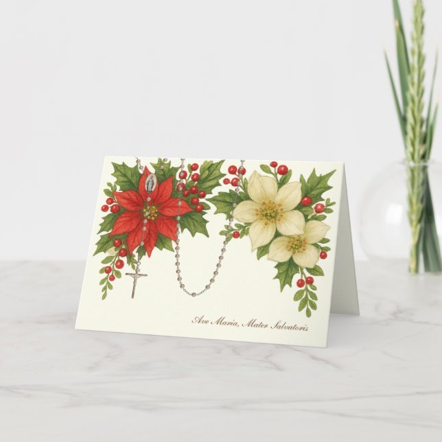 Ave Maria Christmas Blessing with Rosary Florals Holiday Card (Front)