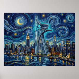 Avengers Tower Starry Night Comic Book Landscape Poster