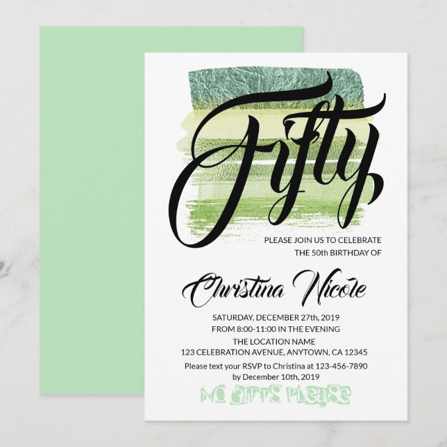 Aventurine Green Glitter Brushes FIFTY Birthday Invitation (Front/Back)