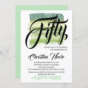 Aventurine Green Glitter Brushes FIFTY Birthday Invitation