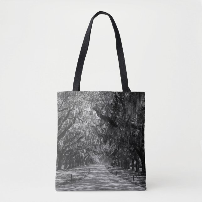Avenue Of Oaks Grayscale Tote Bag (Front)