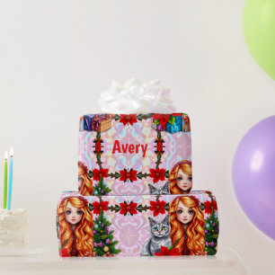 AVERY ~ Christmas Girl and Cat ~ Wrapping Paper