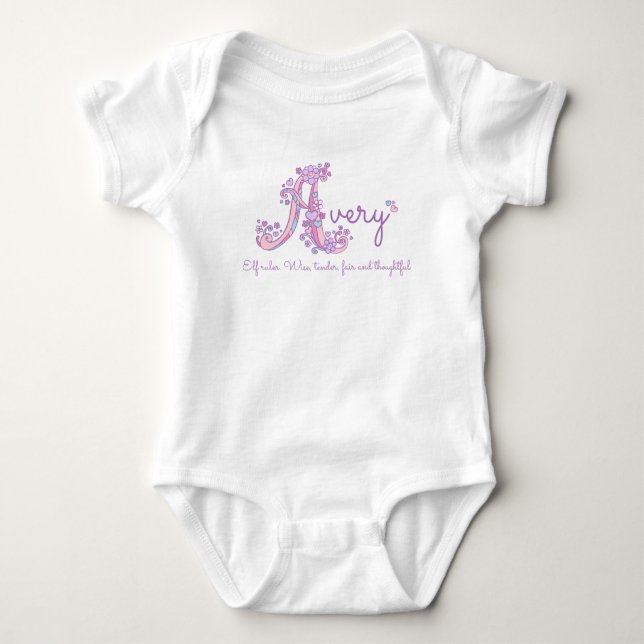 Avery girls name pastel purple custom meaning baby bodysuit (Front)
