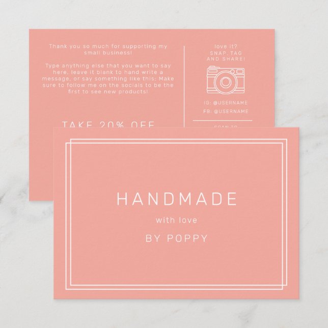 AVERY Minimal Blush Peach Handmade Thank You Order Enclosure Card (Front/Back)