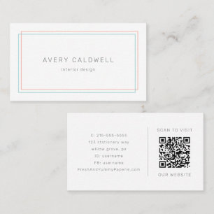 AVERY Minimalist Coral and Teal Border QR Code Business Card