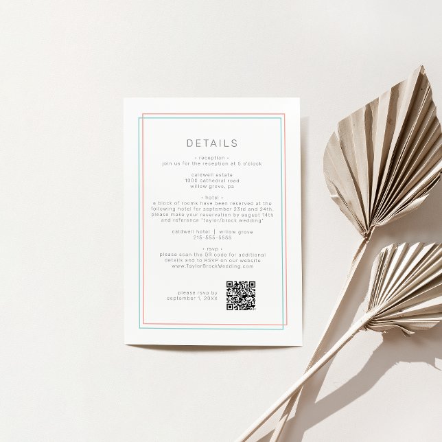 AVERY Modern Coral Teal QR Code Wedding Details Enclosure Card (AVERY Modern Coral Teal QR Code Wedding Details Enclosure Card)