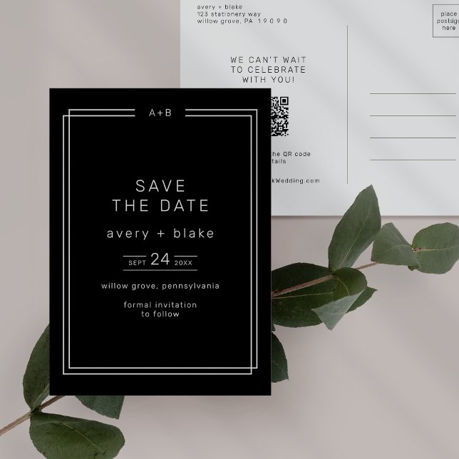 AVERY Modern Dark Black Wedding Save the Date Invitation Postcard (AVERY Modern Dark Black Wedding Save the Date Invitation Postcard)