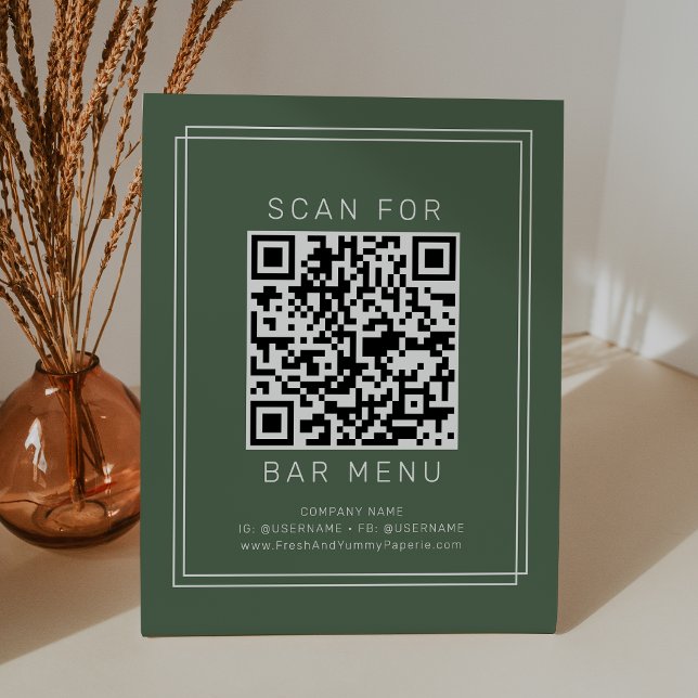 AVERY Rustic Dark Green Boho Bar Menu QR Code Pedestal Sign (AVERY Rustic Dark Green Boho Bar Menu QR Code Pedestal Sign)