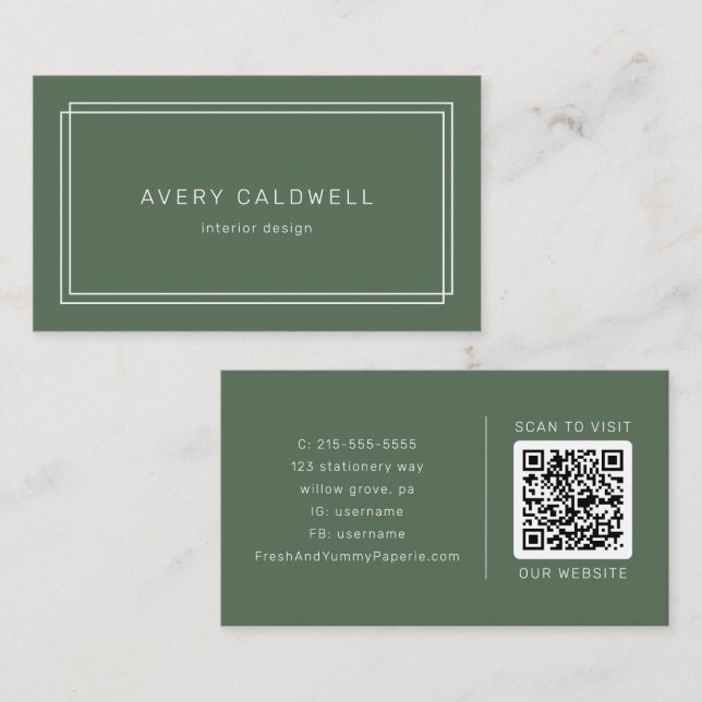 AVERY Rustic Dark Green Boho Double Frame QR Code Business Card (Front/Back)