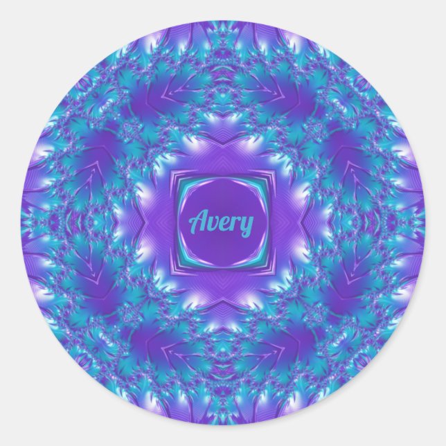 AVERY ~ WOW PRETTY 3D! Aqua, Purple and White ~  Classic Round Sticker (Front)