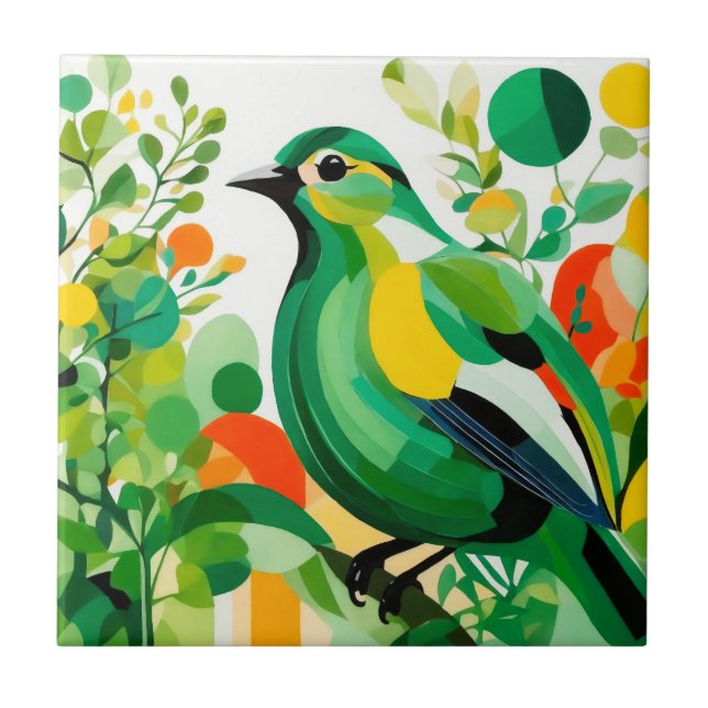 Avian Elegance, Green Abstract Bird On Tree Branch Ceramic Tile (Front)