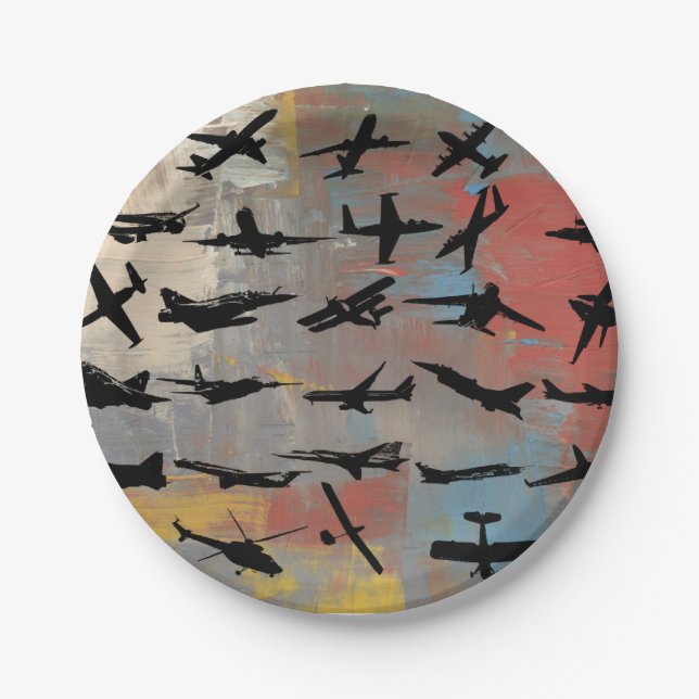 Aviation Art, Black aeroplane silhouettes,  Paper Plate (Front)