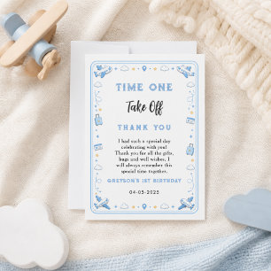 Aviation Blue Aeroplane Time One 1st Birthday Thank You Card