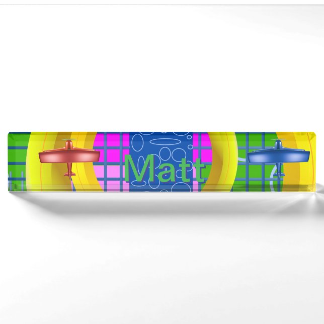 Aviation Blue Red Plane Bowtie Teddy Nameplate (Front)