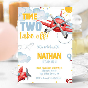 Aviation Boys Blue Aeroplane Travel 2nd Birthday  Invitation