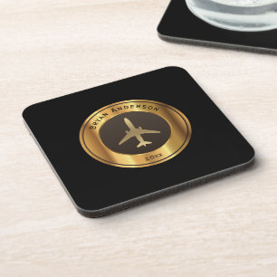 Aviation - Gold Aeroplane Logo Beverage Coaster