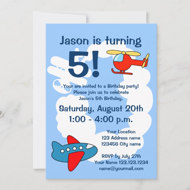 Aviation theme Birthday party invitations for kids (Front)