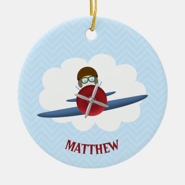 Aviator and His Plane Ceramic Tree Decoration (Front)