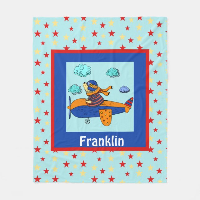 Aviator Bear, Cute Personalised Kid's Fleece Blanket (Front)