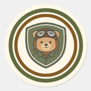 Aviator Bear Military Round Classic Sticker