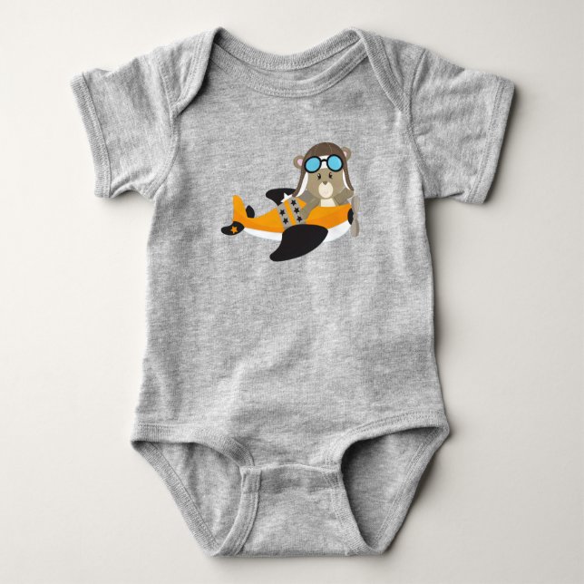 Aviator Bear, Pilot Bear, Cute Bear, Aeroplane Baby Bodysuit (Front)