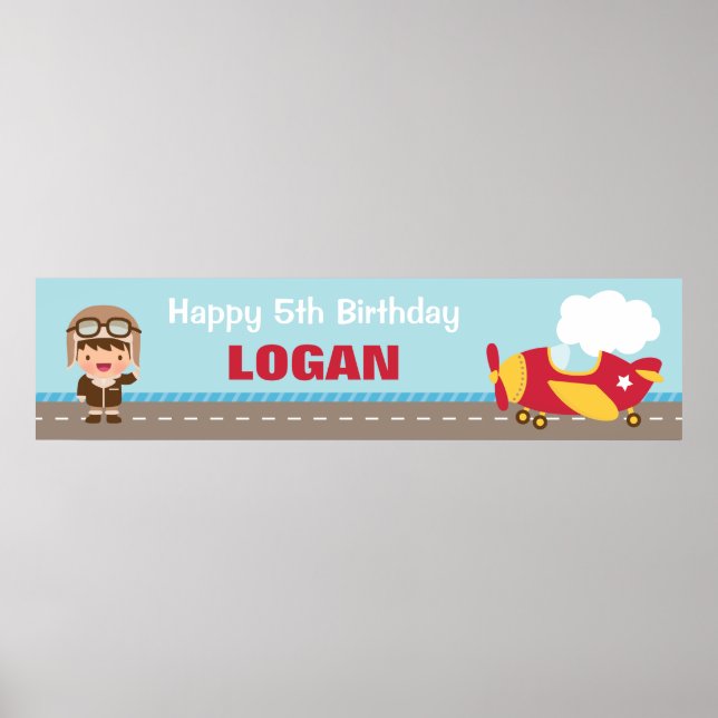 Aviator Boy Aeroplane Birthday Party Banner Poster (Front)