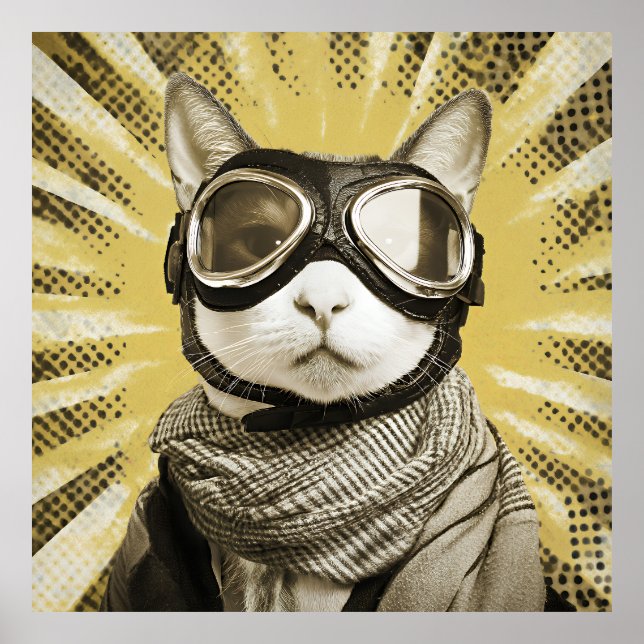 Aviator Cat Goggles Sunburst Portrait Poster (Front)