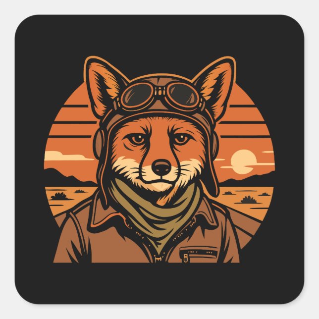 Aviator Fox Flying Foxy Wings Square Sticker (Front)