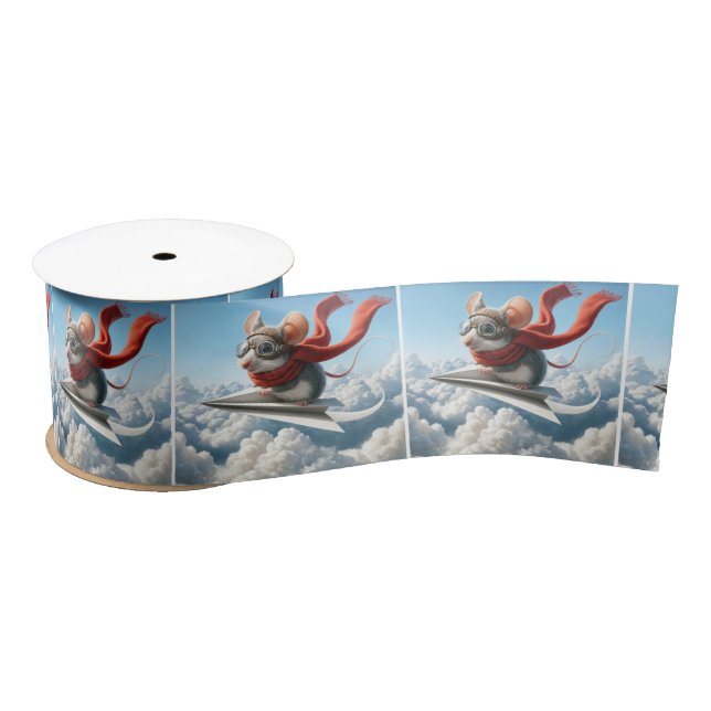 Aviator Mouse Piloting a Paper Aeroplane Satin Ribbon (Spool)