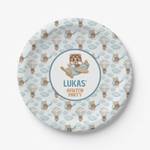 Aviator Party Baby Bear Pastel Blue Birthday Paper Plate
