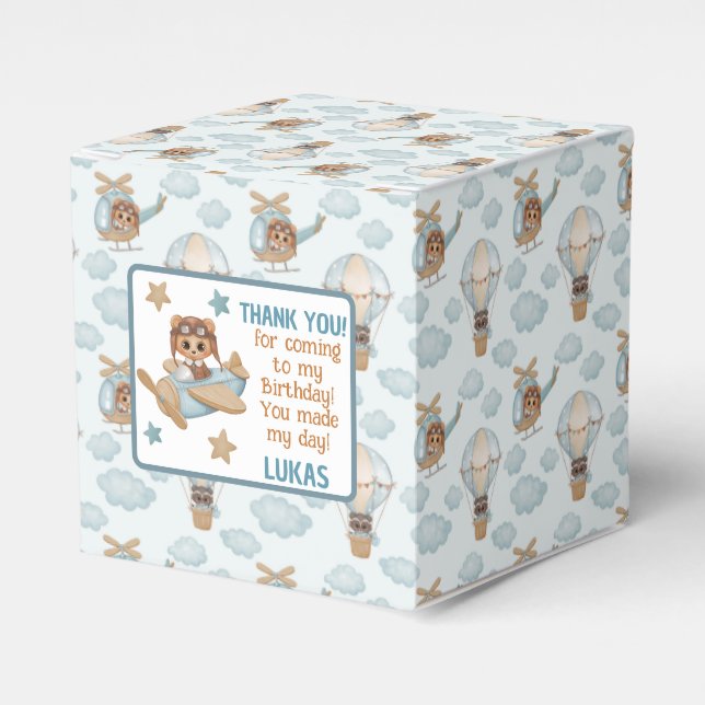 Aviator Party Pilot Bear Birthday Blue Thank you F Favour Box (Front Side)