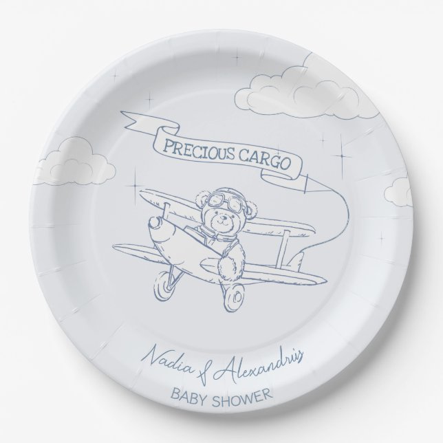 Aviator Pilot Aeroplane Precious Cargo Baby Shower Paper Plate (Front)