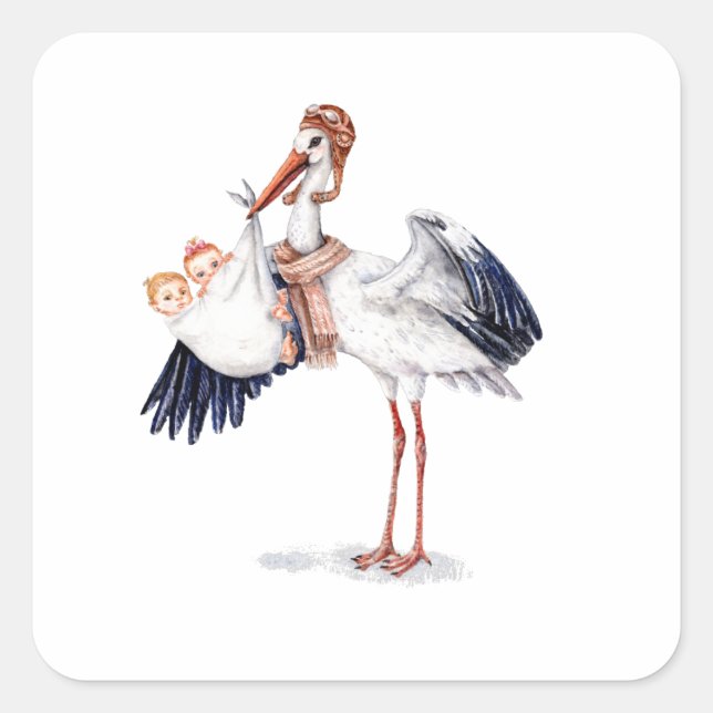 Aviator Stork Carrying Twins Square Sticker (Front)