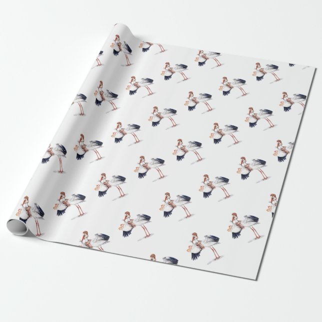 Aviator Stork Carrying Twins Wrapping Paper (Unrolled)