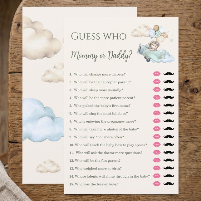 Aviator Teddy Bear Mummy or Daddy Baby Shower Game (Guess Who Mommy or Daddy Game Bearly Wait Boy)
