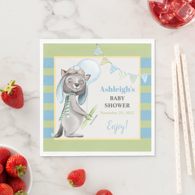 Aviator Wolf, Striped Baby Shower Napkin (Insitu)