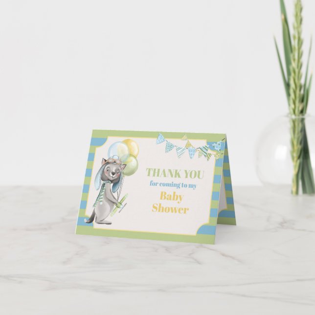 Aviator Wolf, Striped Baby Shower Thank You Card (Front)
