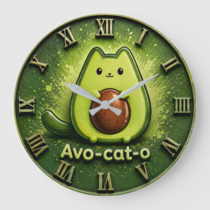 Avo-Cat-O Funny Avocado Cat Cute Kawaii Kitchen Large Clock