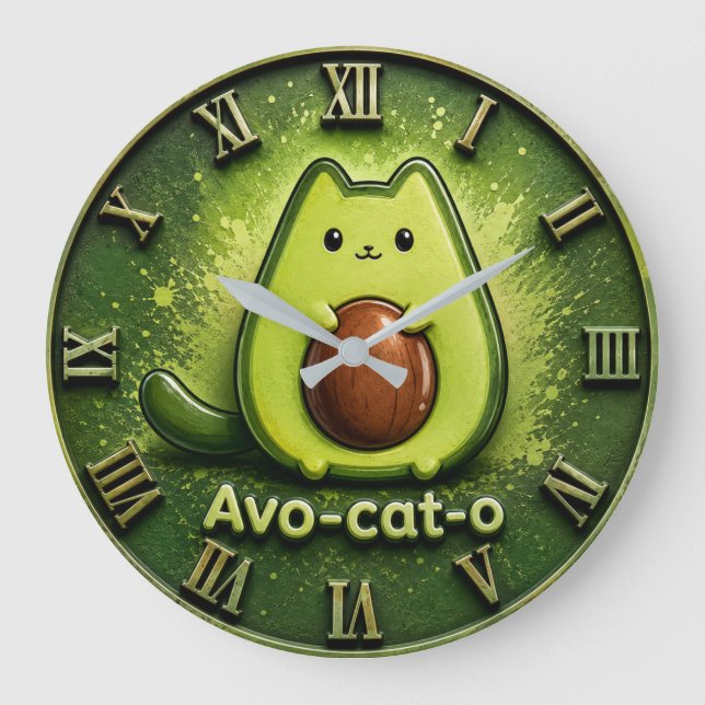 Avo-Cat-O Funny Avocado Cat  Cute Kawaii Kitchen  Large Clock (Front)