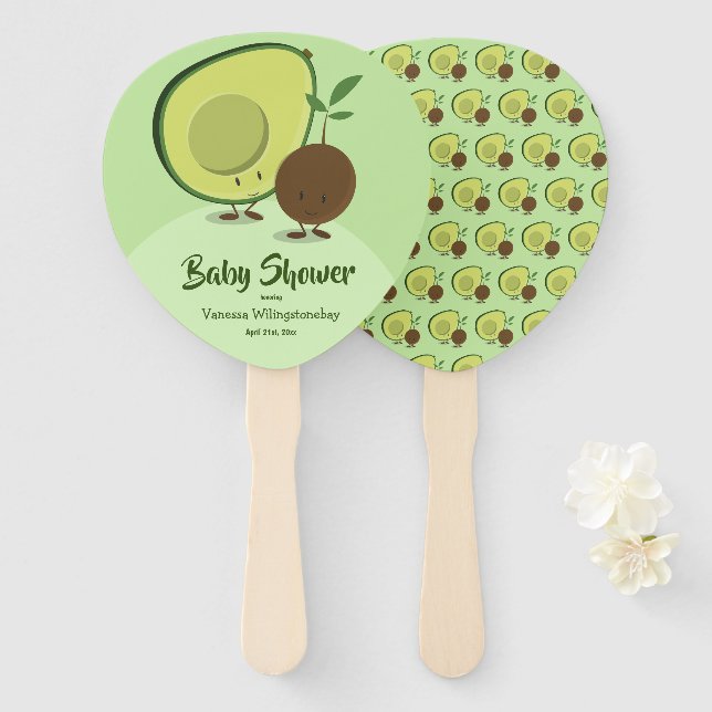 Avocado and Pit Cartoon Character Baby Shower Hand Fan (Front and Back)