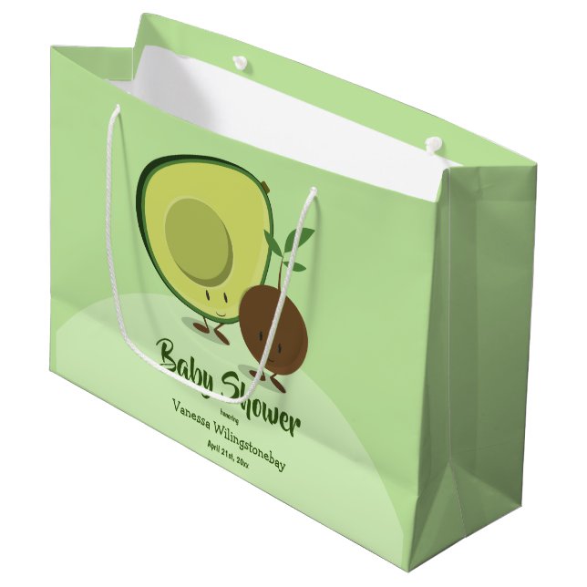 Avocado and Pit Cartoon Character Baby Shower Large Gift Bag (Front Angled)