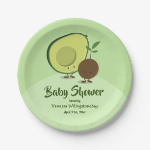 Avocado and Pit Cartoon Character Baby Shower Paper Plate