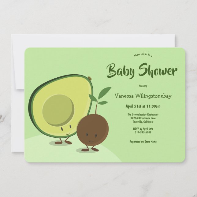 Avocado and Pit Cartoon Food Themed Baby Shower Invitation (Front)