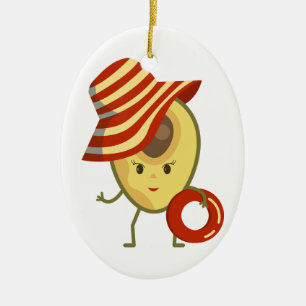 Avocado beach girl with sun hat and swim ring ceramic ornament