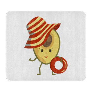 Avocado beach girl with sun hat and swim ring cutting board