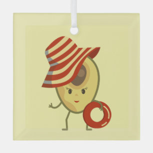 Avocado beach girl with sun hat and swim ring glass tree decoration