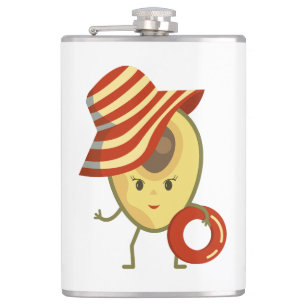 Avocado beach girl with sun hat and swim ring hip flask