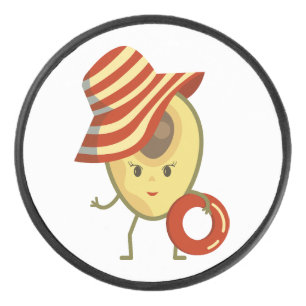 Avocado beach girl with sun hat and swim ring hockey puck