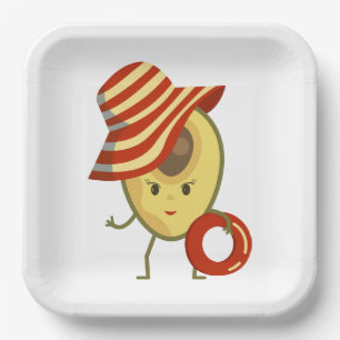 Avocado beach girl with sun hat and swim ring paper plate